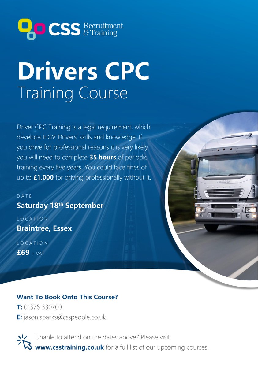 CssRecruitment1's tweet image. Are you looking for a #DriversCPC Training Course 🤷‍♂️

At CSS, we have Saturday course taking place next month at our training centre in #Braintree, #Essex 👇