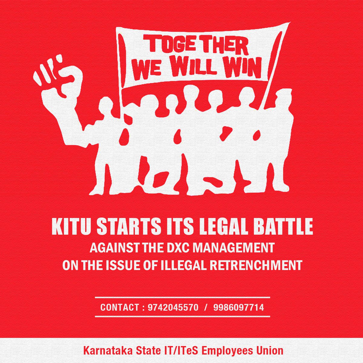 kitu_hq's tweet photo. The illegal retrenchment of hundreds of employees at DXC Technology prompted #KITU to intervene and start its legal battle against the company. KITU sent a legal notice to the Management in this regard.

Organize! 
Contact: 9742045570 /  9986097714 https://t.co/3VLU2t70Vp