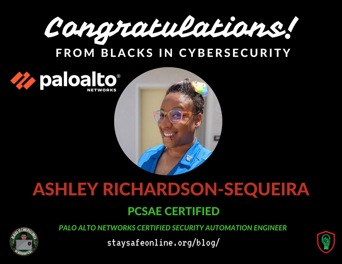 BlackInCyberCo1's tweet photo. Congratulations to our BIC Family Member Ashley Sequeira !
#BlacksInCyber #BIC #LitLikeBIC #BlackInCyber #blacksincybersecurity #blackincybersecurity #PaloAlto #cybersecurityblog #Infosec #cybersecurity #PCSAE #PaloAltoCertified @PaloAltoNtwks https://t.co/3H65ZnHsHv