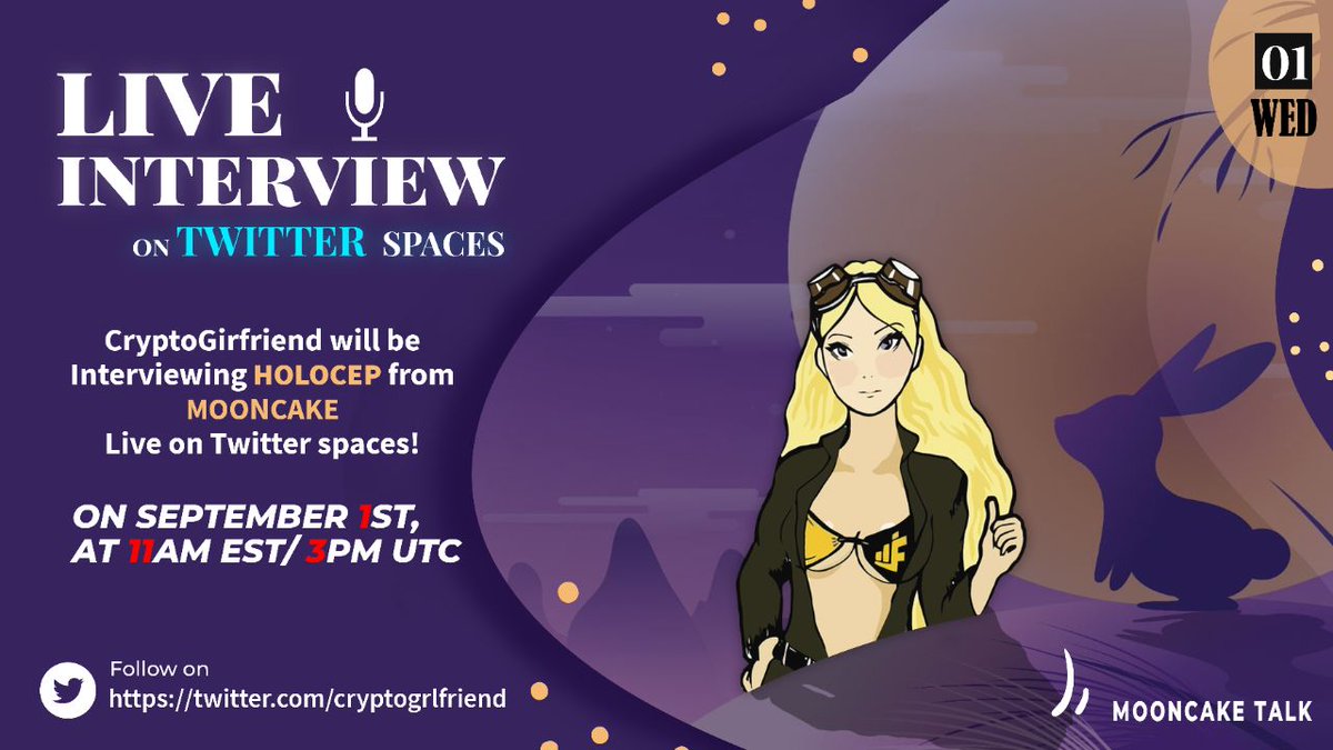 CryptoGrlfriend's tweet photo. So I am trying something new and exciting! I will be interviewing holocep from @GetMoonCake tomorrow at 11am EST / 3pm UTC LIVE here on Twitter Spaces! 🐦

This is a voice interview and you will have the opportunity to win some $MOON during the live show. 🥮

#BSCGem #AMA https://t.co/gnF7q2MIy1