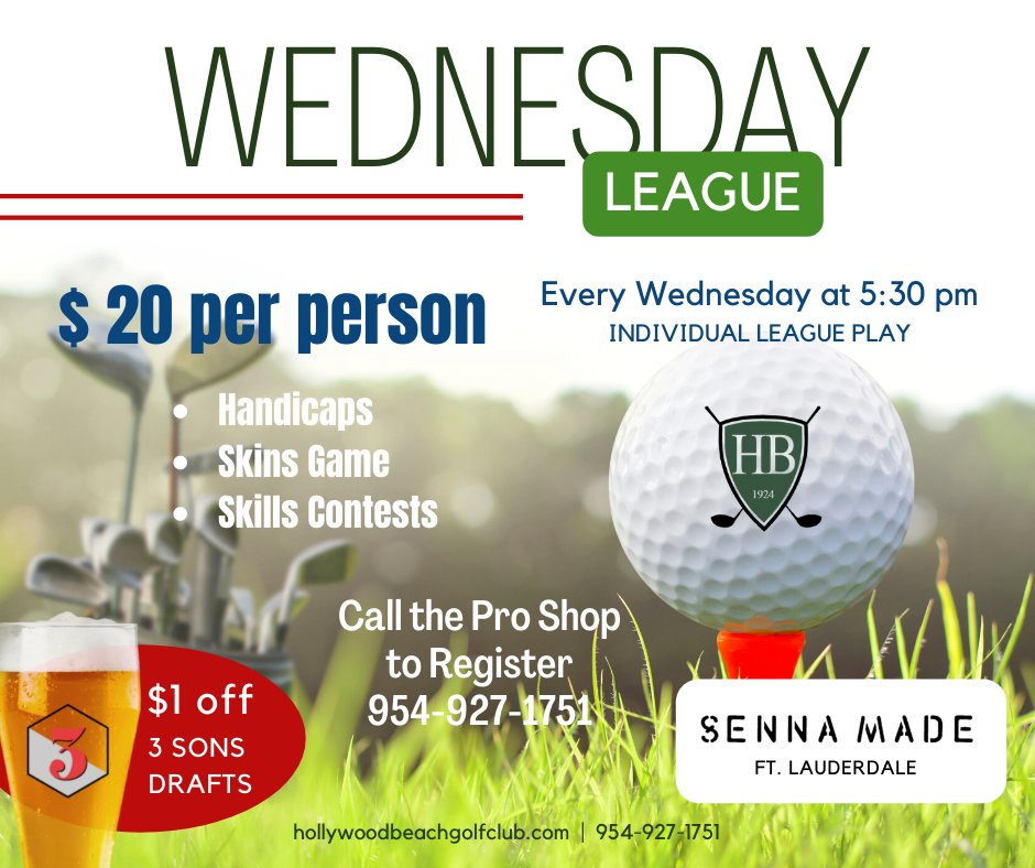 Join us for our Wednesday League at 5:30 PM!  ⛳
Golf + Drinks + Prizes! Don't miss out! 
☎️ Call to register: 954-927-1751
.
.
.
#hollywoodbeachgolf #flgolf #golfmiami #golfftlauderdale #hollywoodbeach #golfleague