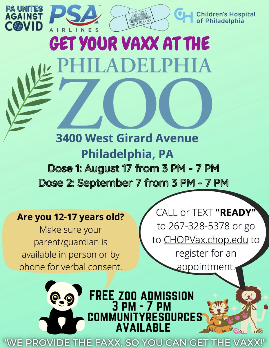 PhillyCEAL's tweet photo. #Philly parents and teens have you gotten your #Covid19Vaccines at @phillyzoo on Aug 17?
Itβs time for your second vaccine on Sep 7!
#CommunityImmunity #VaxUpPhilly #BackToSchoolPHL @PhillyTeenVaxx #RingTheBellPHL @Phlpublichealth @Phlschools https://t.co/liwHW6tYsK