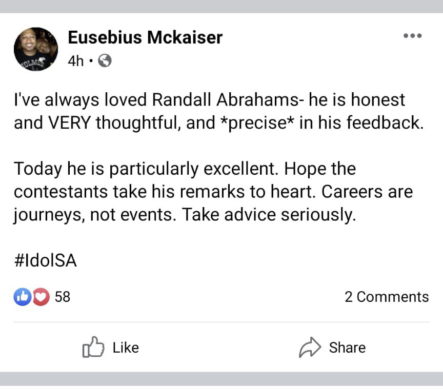 tv_randall's tweet photo. Happened to see this on Facebook and just wanted to say thank you 🙏🏾 it’s highly appreciated @Eusebius #IdolsSA https://t.co/e9JXZki31L