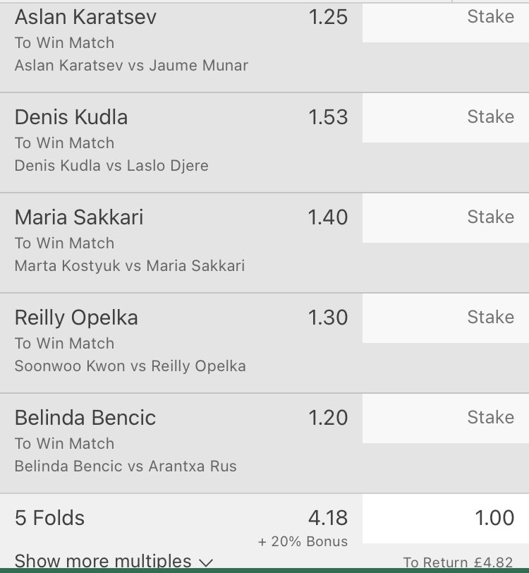ForehandFlutter's tweet image. Bet 2: 7U 5 fold @ 4.82 odds