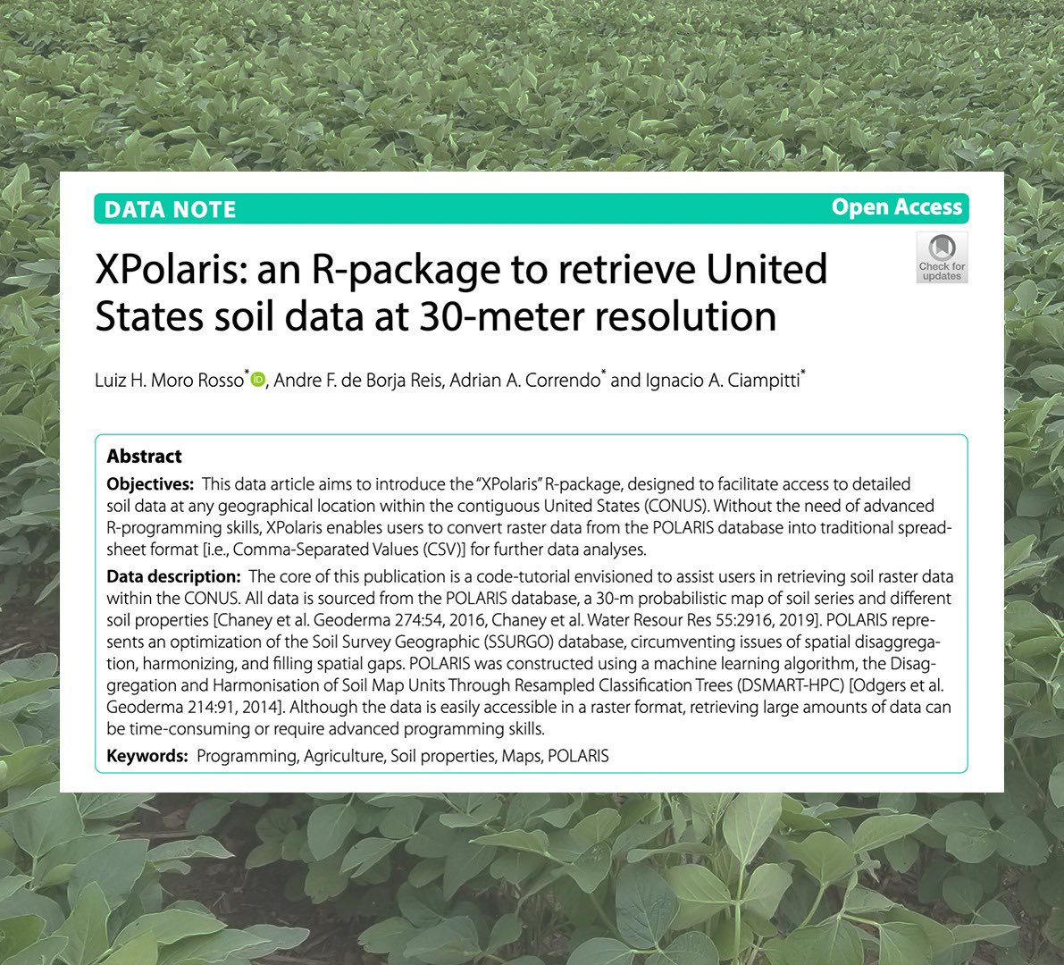 CiampittiLab's tweet photo. #ArticleAlert🚨

Check out our last paper about the XPolaris R package, which facilitates access to detailed soil data in the US. 

We want to thank the 1k users for their positive feedback!

👉🏼 https://t.co/f0Y0iksCoO 

#HarvardDataverse #BMC #Polaris https://t.co/YNIFehPDsN