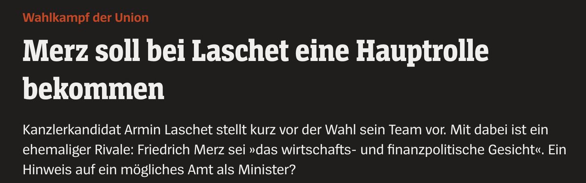 Nachdem Robert Habeck bei Illner eindrucksvoll zeigte, dass Friedrich Merz wirtschafts- und finanzpolitisch keine Ahnung hat, will Armin Laschet ihm jetzt eine Hauptrolle in der neuen Regierung zukommen lassen – denn Merz sei »das wirtschafts- und finanzpolitische Gesicht«

🥲