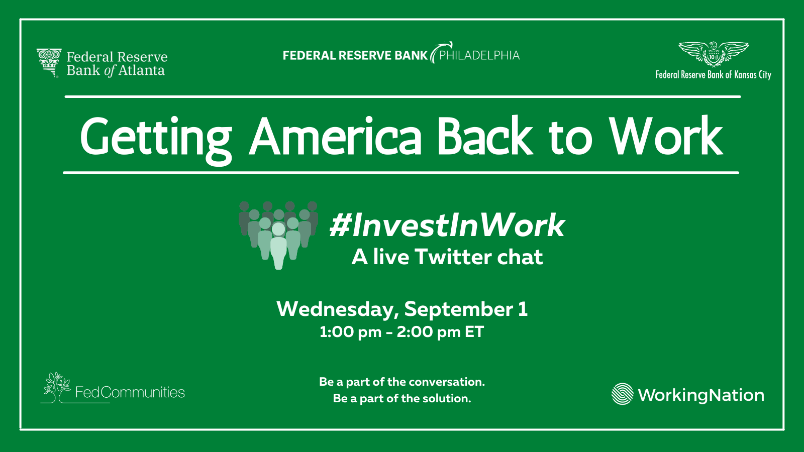 CleveFed_ComDev's tweet image. Get set for a Twitter chat TOMORROW at 1p ET at #InvestInWork on how we can make the best possible economic recovery from the pandemic. RSVP info at bit.ly/3iWJC39. @AtlantaFed @PhiladelphiaFed @KansasCityFed @FedCommunities @WorkingNation