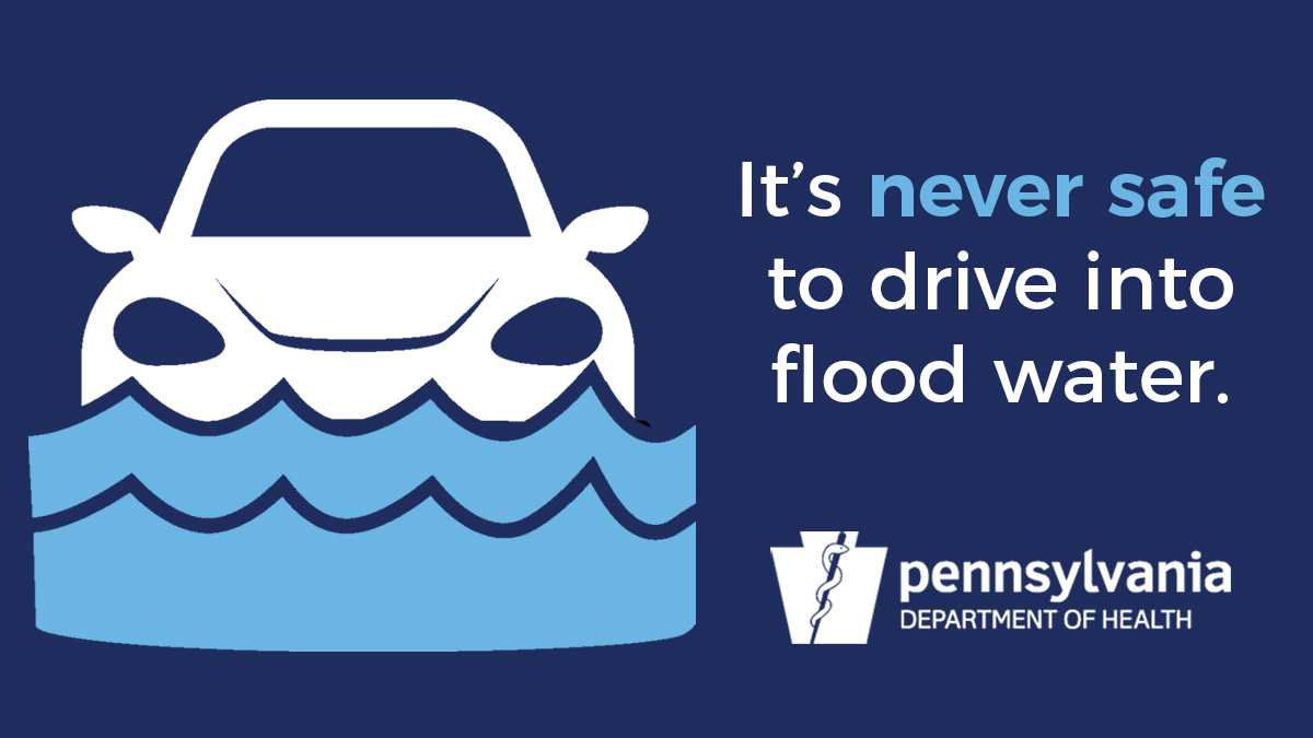 PAHealthDept's tweet image. 🚘 ⚠️ If you're driving and approach flood water, DON'T drive into it—you don't know the condition of the road under the water, how deep the water is or how fast the water is moving. It's NEVER safe to drive into flood water. #TurnAroundDontDrown #PAwx #Ida