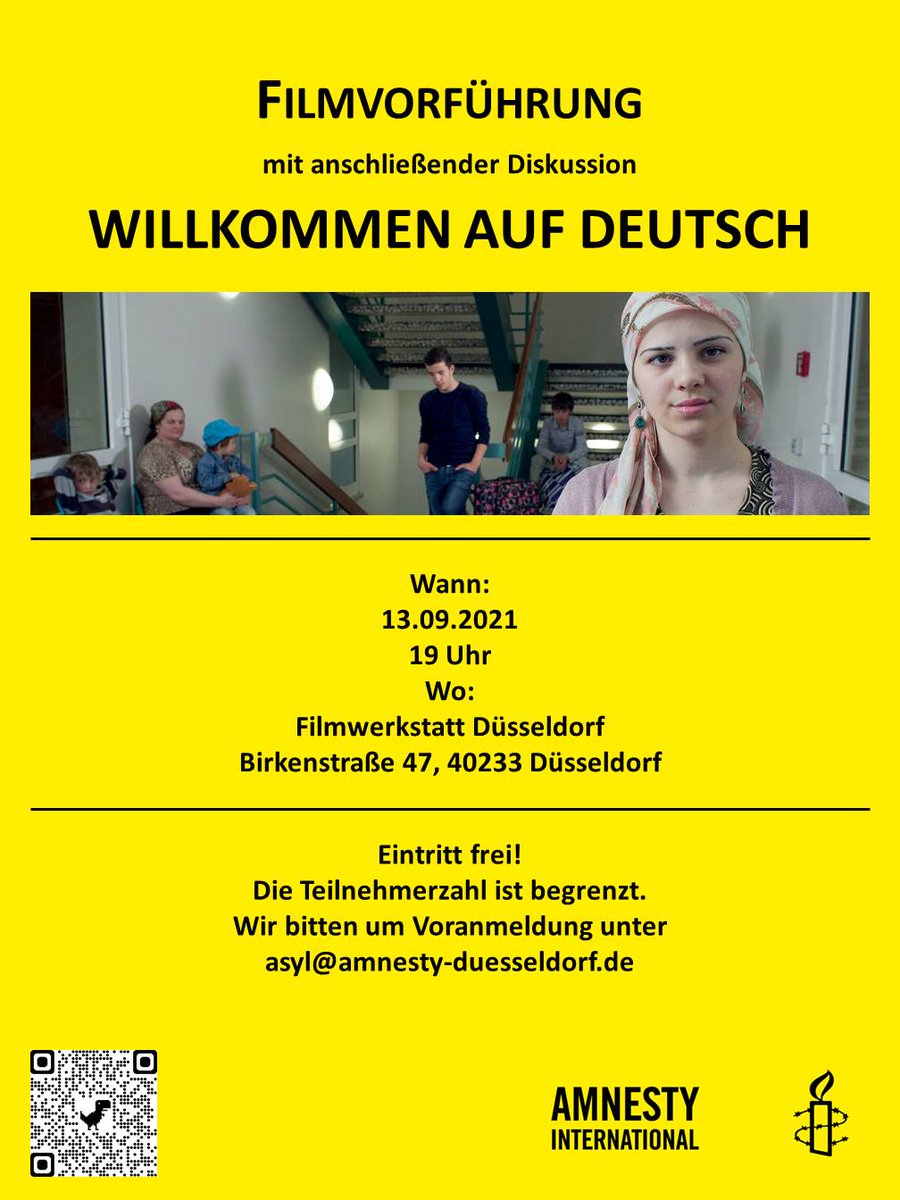 Die Amnesty Asylgruppe Düsseldorf lädt am 
Montag den 13.09.2021 ab 19:00 Uhr zur Film- und Diskussionsveranstaltung „Willkommen auf Deutsch“ in die <a href="/filmwerkstatt_d/">filmwerkstatt</a>  #Düsseldorf  @DUSRefugees @fr_ddorf Sei dabei ⬇️
🗓️🎞️amnesty-duesseldorf.de/termin/willkom…