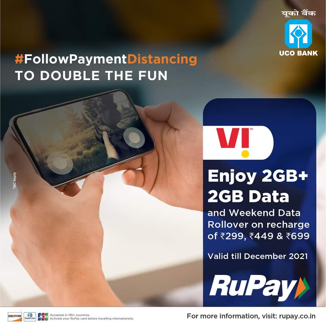 UCOBankOfficial's tweet photo. Stream more episodes of your favourite show or play more rounds with your clan! Recharge using UCO @RuPay_npci Contactless card to #FollowPaymentDistancing and double data plus weekend data rollover in #Vi. To know more, click here: https://t.co/GN5CazZ1GL https://t.co/HvFyVp10Jr