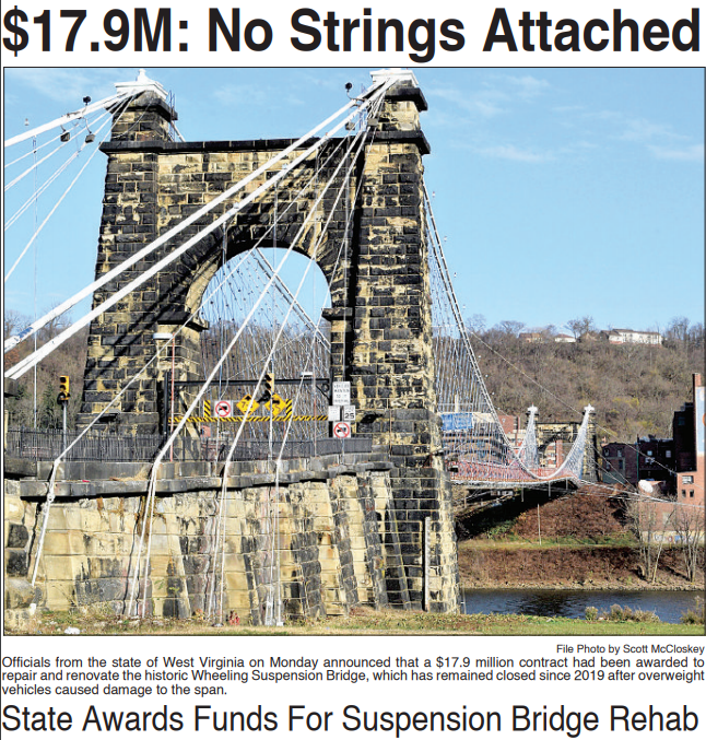 ElliottForWV's tweet photo. Great news yesterday when @WVGovernor announced the awarding of a $17.9 million bid for the full repair and rehabilitation of the historic Suspension Bridge. This 172-year-old structure is synonymous with Wheeling past and present. #WheelingWV

Full story: https://t.co/MkQ0YV4Y4t https://t.co/aP2c994MND