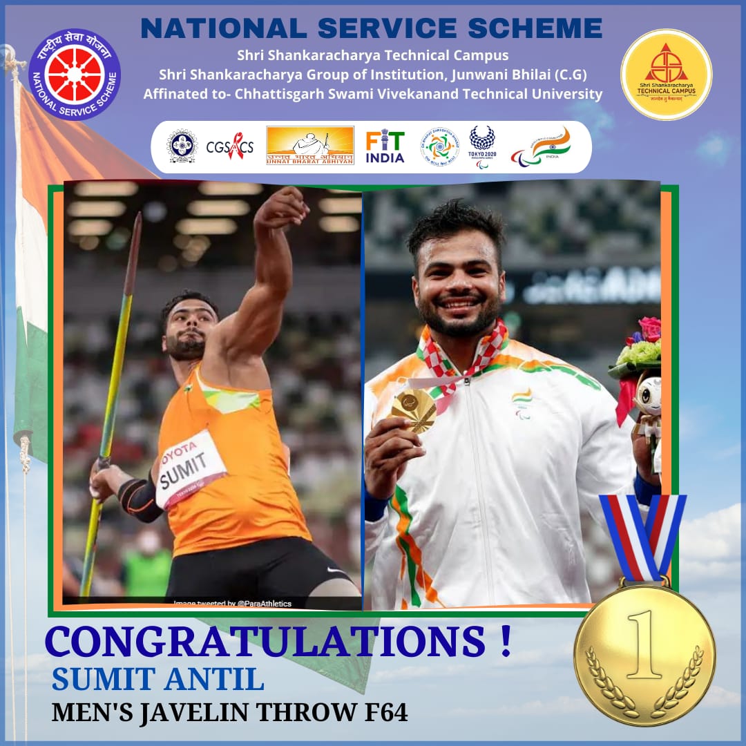 Nss_ssgi's tweet photo. NSS-SSGI, Bhilai heartedly congratulates #Sumit_Antil  for securing #Gold for our country in Men's Javelin throw F64. You have made our country proud.

#Cheer4India #ChakDeIndia
 #Olympics #ParalympicsTokyo2020
@NSSRDBhopal @ListenKabir @NssChhattisgarh @_NSSIndia https://t.co/QMiLJFnfoN