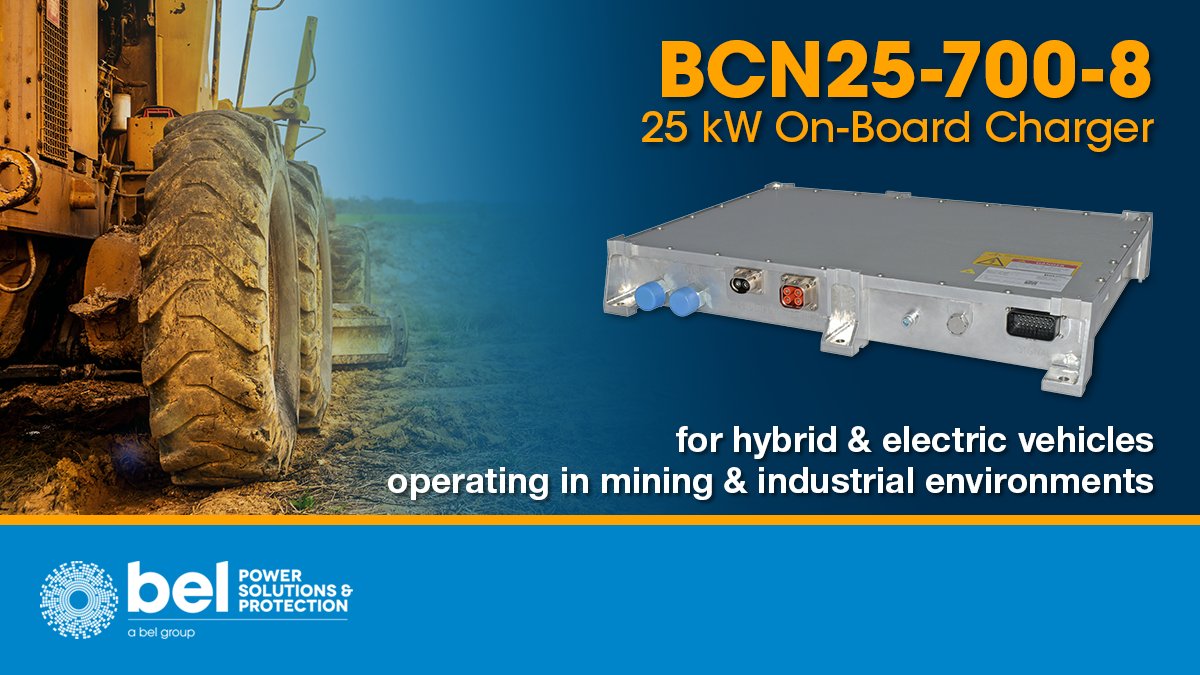 The BCN25-700-8 is a 25kW liquid cooled on-board battery charger that converts 3phase AC voltage to DC voltage in hybrid or full electric vehicles, operating in mining, automotive &amp; industrial environments. bit.ly/3mTL5tv #BatteryCharger #EV #HEV #eMobility <a href="/BelFuseInc/">Bel Fuse Inc.</a>
