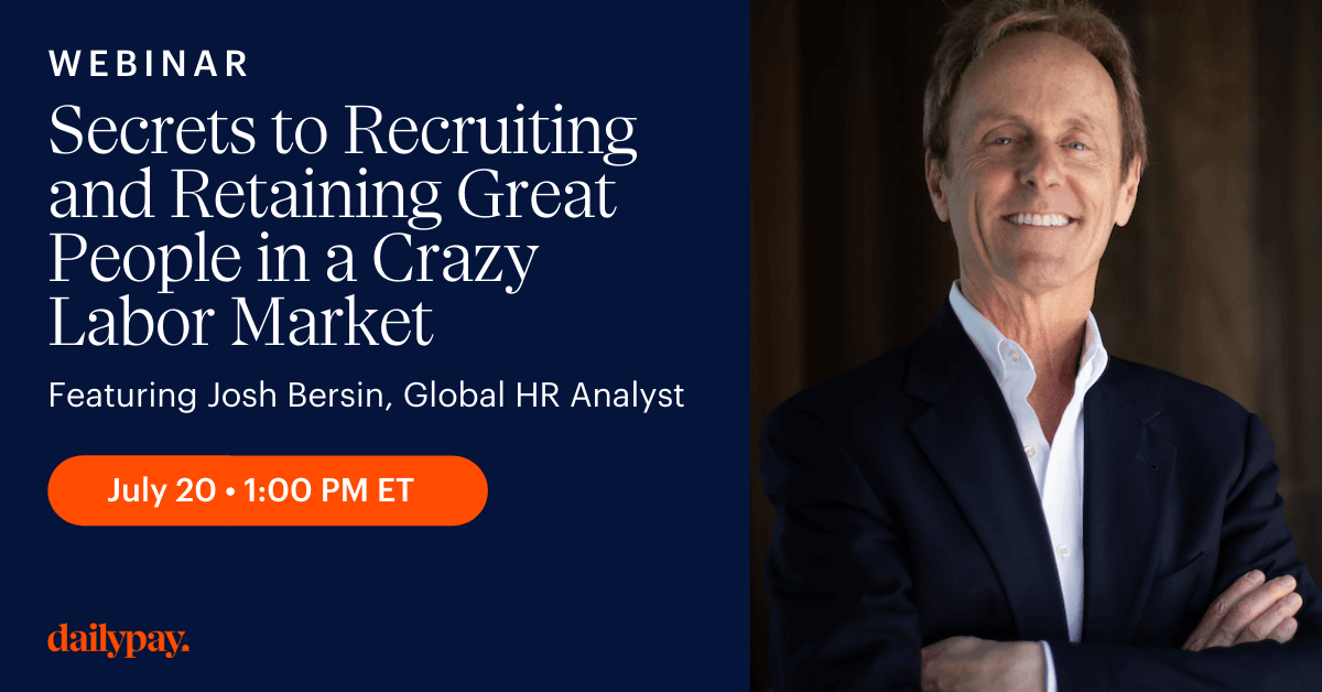MeghanMBiro's tweet photo. Employers, despite today's unpredictable labor market, you can still recruit and retain great talent. How?
Learn how with #HR expert @Josh_Bersin Watch his webinar on-demand ➡️ https://t.co/OqxBs8HPP1 via @DailyPay
#ondemandpay #DailyPayPartner https://t.co/60DXLXHJeL