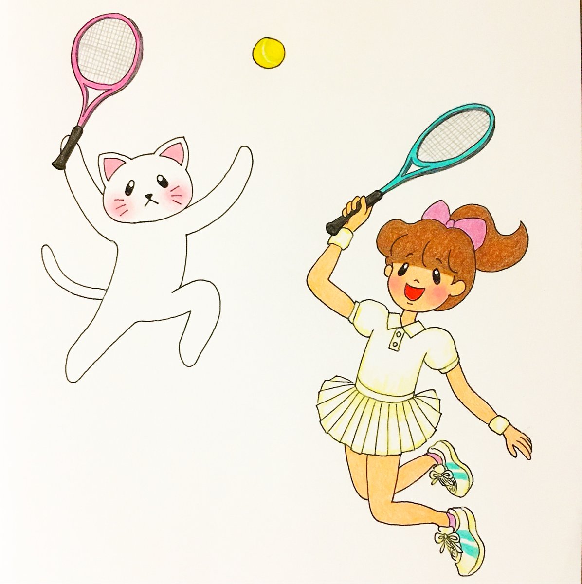 ট ইট র ゆうぴ 今回はテニスをしているイラストを描きました 中学生の頃 軟式テニス部に入っていて テニスが楽しくて夢中になって部活をやっていました またいつかテニスがやりたいです イラスト 色鉛筆画 色鉛筆 イラストレーション 猫 猫