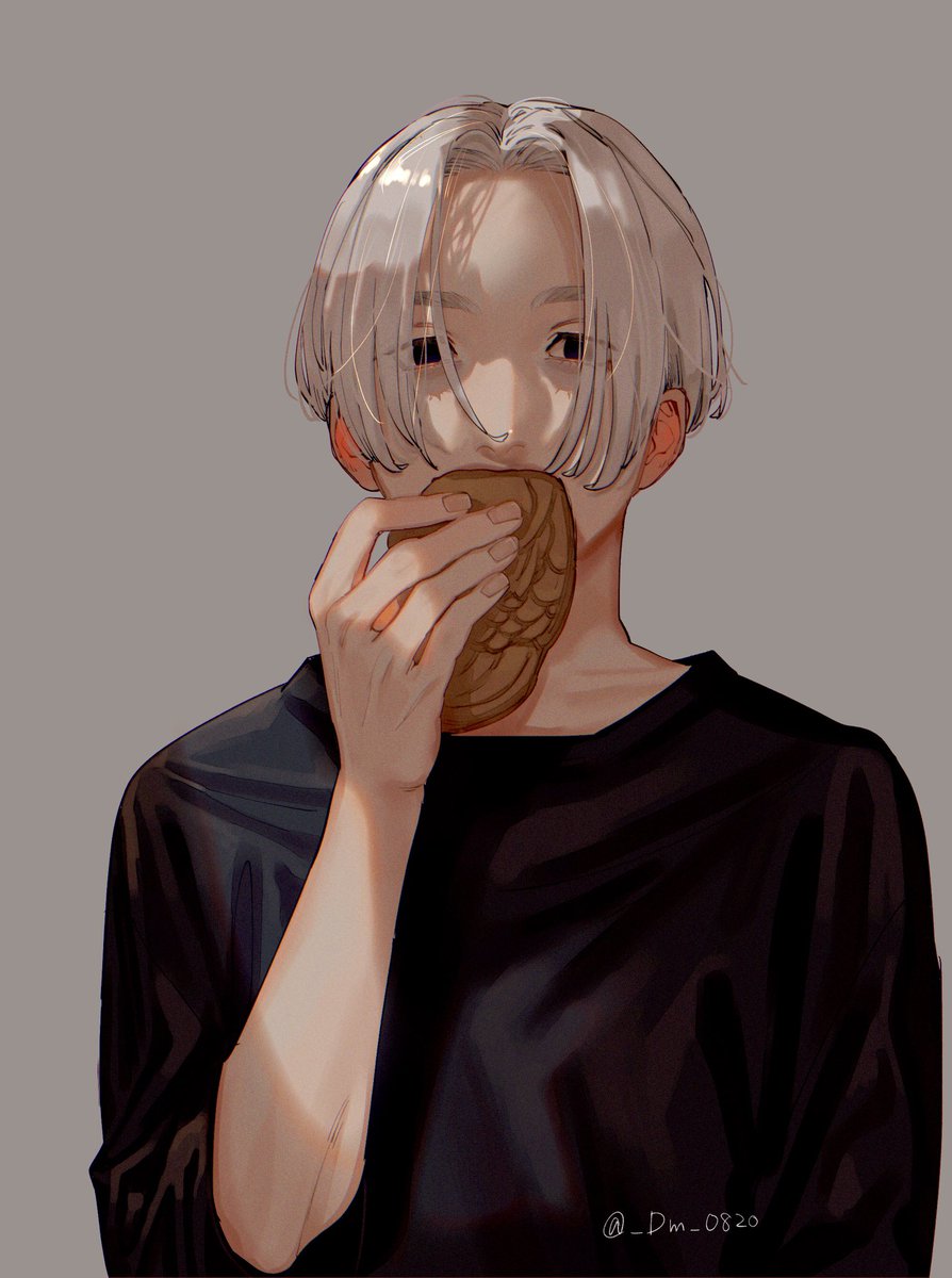 1boy male focus solo upper body eating food holding  illustration images