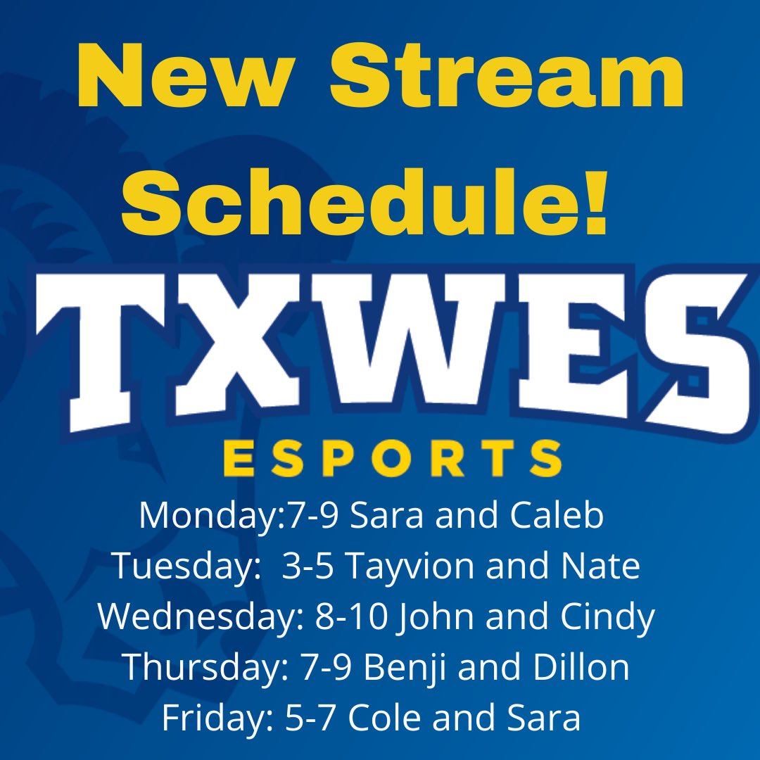 txwes_esports's tweet photo. Attention! New stream schedule is out for TXWES Esports! Some of your favorites are returning and some new faces join the battle! Come spam some Pogs in the chat at https://t.co/dsm1DIRvry #Esports #TexasStreaming #Twitch https://t.co/rIXTRKwDYq