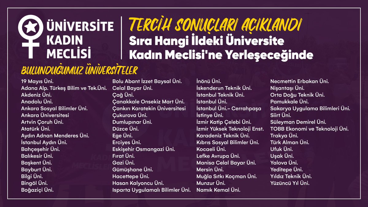 Bulunduğun ildeki Üniversite Kadın Meclisi’ne katılabilir, eğer yoksa sen kurabilirsin!

#tercih2021 

Başvuru formu👇
docs.google.com/forms/d/e/1FAI…