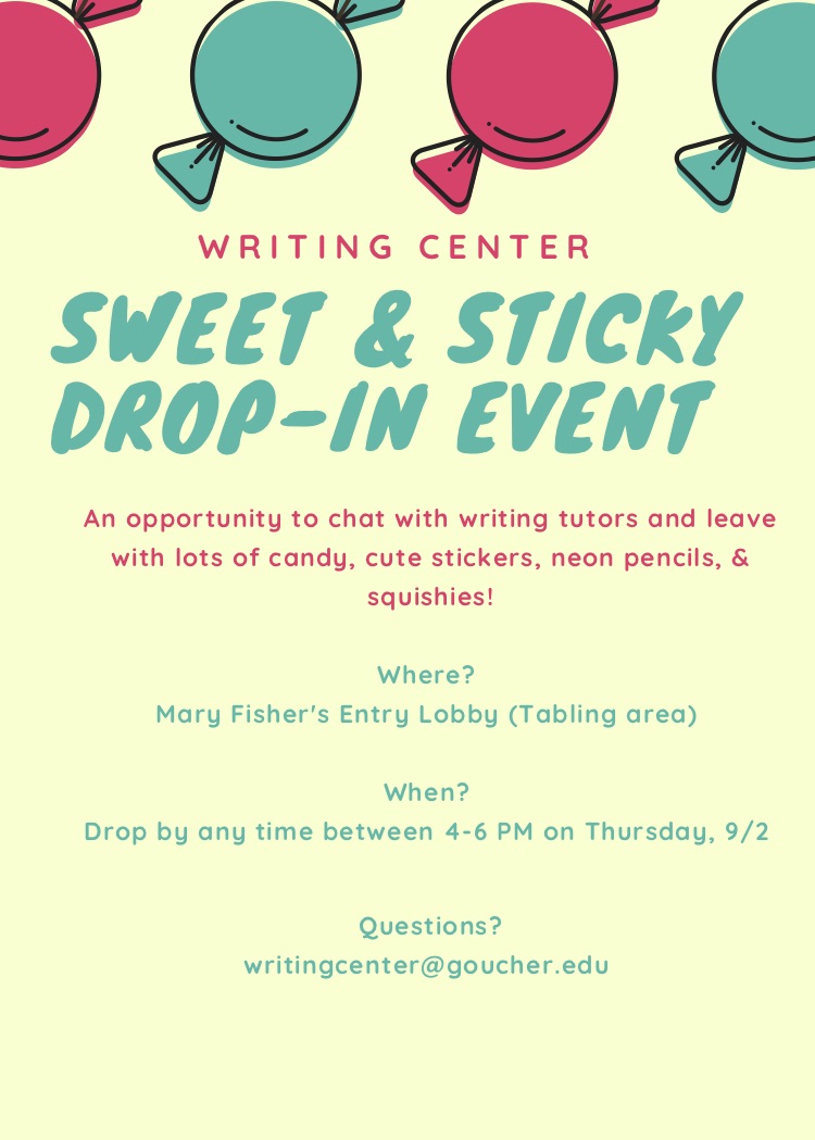 Gophers, we are open to help with your writing assignments! Come make an appointment with a tutor at goucher.mywconline.com, and visit our drop-in event on Thursday from 4-6 in Mary Fisher to chat with tutors and get some goodies!