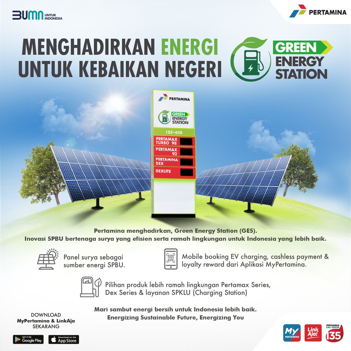 Green Energy Station, Energizing Sustainable future, Energizing You. 
@pertamina
#GreenEnergyStation
#MyPertamina
#Call135
#BerbagiBerkahMyPertamina