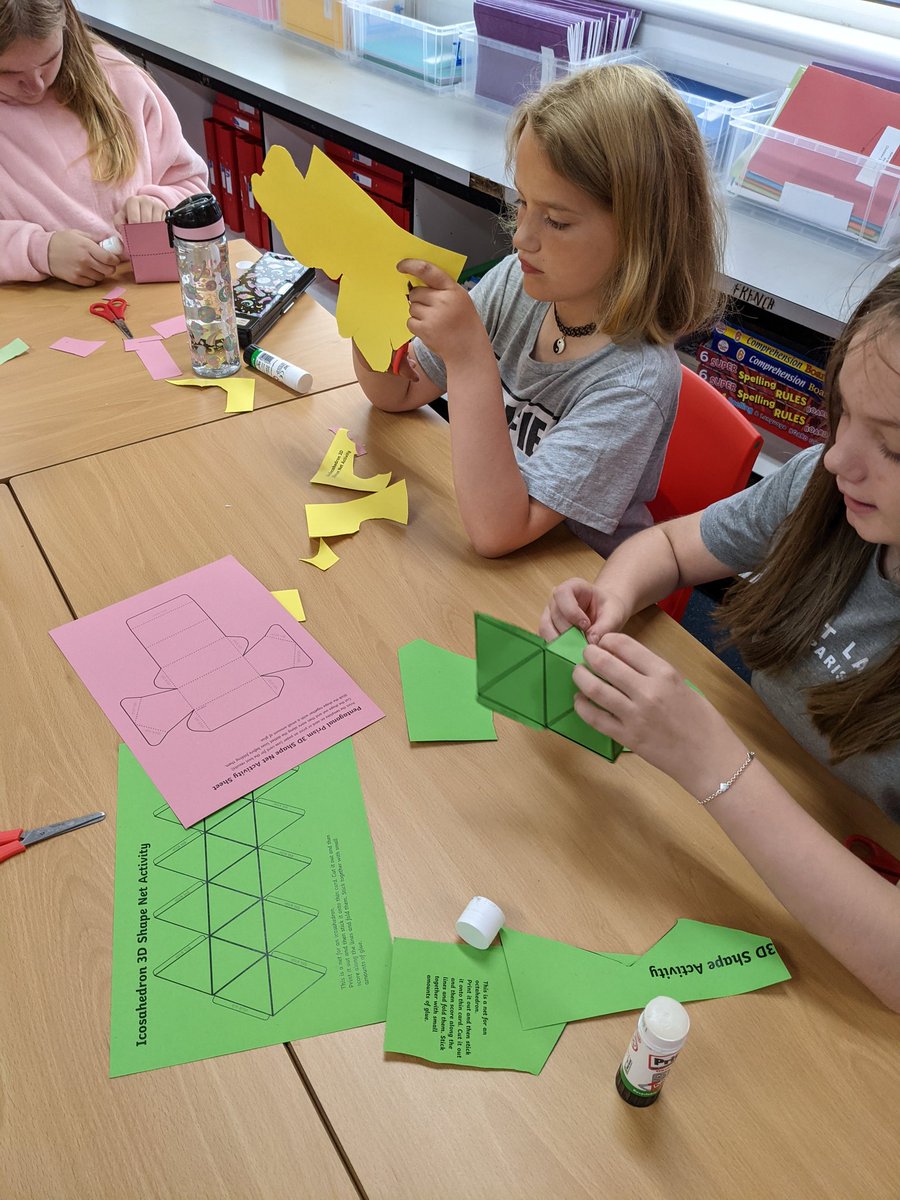 MrsMoyesP7's tweet photo. 2D and 3D shape is the focus for the whole school this week at @DeansPrimary. We used nets to create these 3D shapes while discussing their properties and where we would see them in the world around us #shape #mathsfocus https://t.co/x7JTx4oApK
