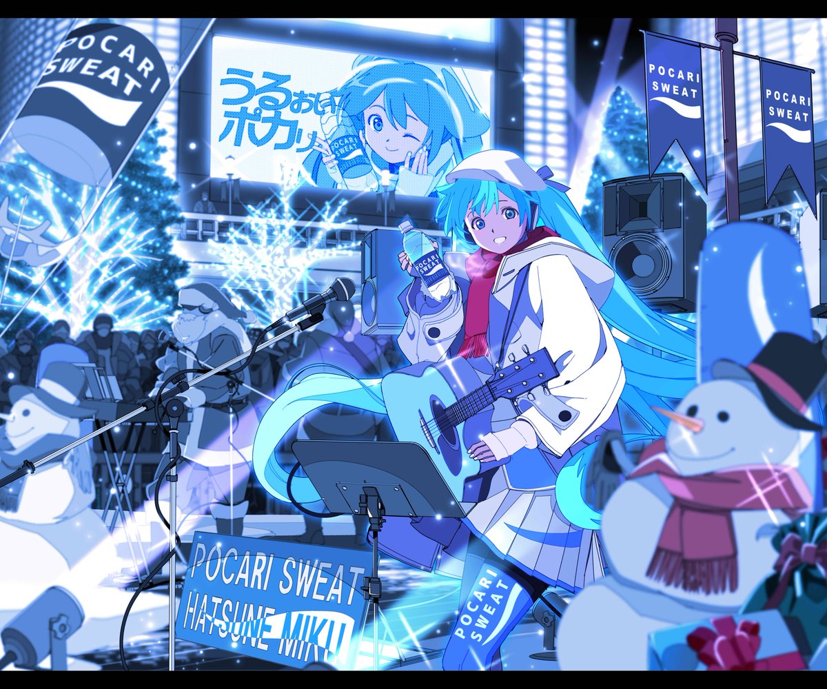 hatsune miku red scarf snowman microphone instrument hat guitar scarf  illustration images