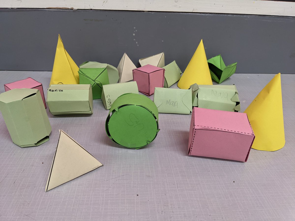 MrsMoyesP7's tweet photo. 2D and 3D shape is the focus for the whole school this week at @DeansPrimary. We used nets to create these 3D shapes while discussing their properties and where we would see them in the world around us #shape #mathsfocus https://t.co/x7JTx4oApK
