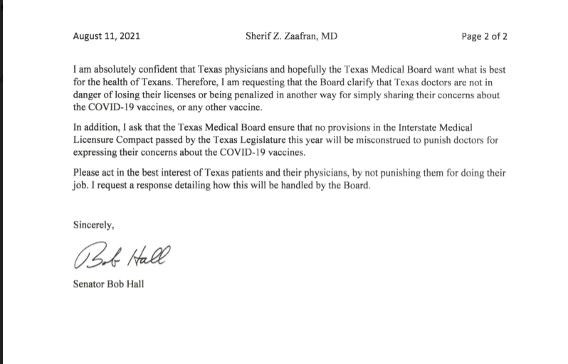 INBOX: @SenatorBobHall asks #TexasMedicalBoard for 'assurance' Texas Doctors won't be punished for doing their job—looking out for their patient's best interests. #txlege