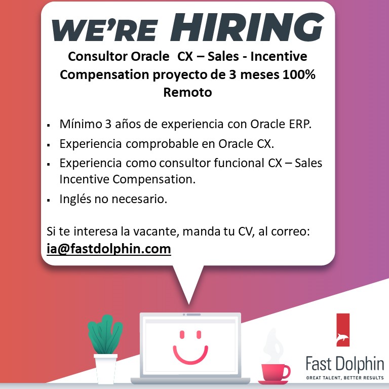 fastdolphin's tweet image. #OracleCX #OracleSales #OracleCXSales #OracleConsultan #OracleCXConsultant #OracleJob #OracleCustomerExperience para un proyecto de 3 meses proyecto 100% Remoto. CV a ia@fastdolphin.com