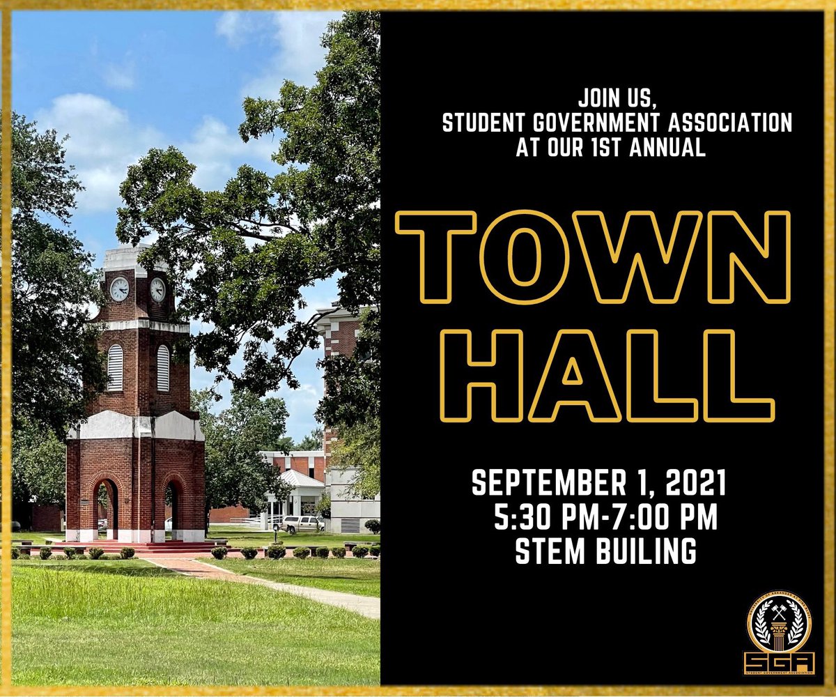 Join SGA for the first town hall tomorrow in the STEM building. Come hear about what SGA is doing and let your concerns be heard!