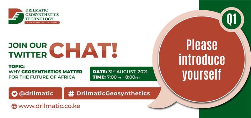 Victorbusta5's tweet photo. Welcome to today’s chat, "Why Geosynthetics Matter for the future of Africa". Our very own experts @FELIXAKAMA @MaraGeo_ @phil4gud will be answering your questions. Keep your questions coming and follow the conversation via #DrilmaticGeosynthetics 
Do introduce yourselves below https://t.co/7QoVyskLCn