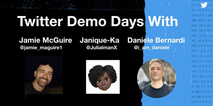 Twitter Demo Days is back this Thursday, 10am PDT with @jamie_maguire1 @JuliaImanX &amp; @i_am_daniele!!  Twitter<a href="/tag/tapintotwitter"class="tags"><span>#tapintotwitter</span></a>