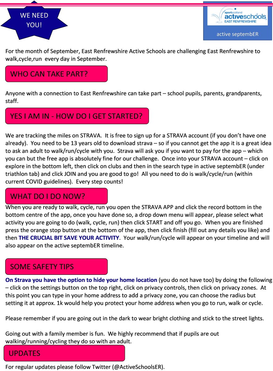 ActiveSchoolsER's tweet photo. We need your help! Please help us to walk/cycle/run every day in SeptembER in the active schools strava challenge "active septembER". Click on the picture below for more info! @MarkRatter @sportscotland @ERCL4 @olm @StJosephsERC @stcadocsprimary @stclarespserc @KirkhillPS https://t.co/XYcbN9xZSY