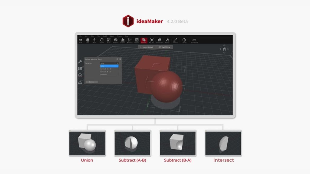 Boolean Operations is now available in ideaMaker 4.2.0 Beta! Create a complex model without CAD iteration. 
Click here to learn more: bit.ly/2WeajYi