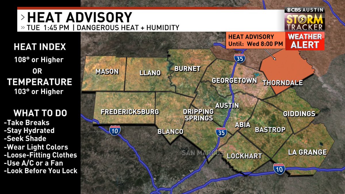 ChikageWeather's tweet photo. HEAT ADVISORY issued for parts of the @cbsaustin area. Dangerous heat + humidity may lead to heat-related illnesses. Stay cool &amp; be safe! Forecast: https://t.co/7Dainv4mOG Heat Safety Tips: https://t.co/SSufWbkPmg #attx #atxwx #cbsautinwx https://t.co/m9tilIBPHn