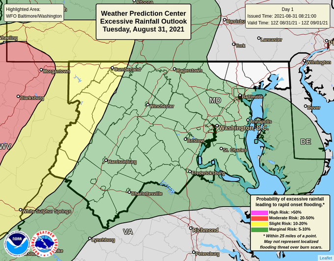 MDMEMA's tweet photo. Some chances for severe weather around Maryland this afternoon and evening in advance of potential heavy rainfall from the remnants of IDA Wednesday and Thursday. Remain vigilant for the next 72 hours. https://t.co/hQlP6HAGTn