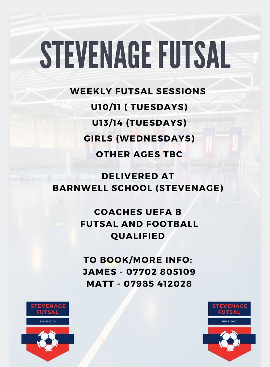 StevenageFutsal's tweet photo. We Are Back 🚨🚨🚨
➖➖➖
📆 Starts 7/8th September 
📍 Barnwell School 
📲 Register your place ASAP 
🗣 Please share with friends/family 
➖➖➖ 
Stevenage Futsal 🔥 https://t.co/e4UObBfm4O