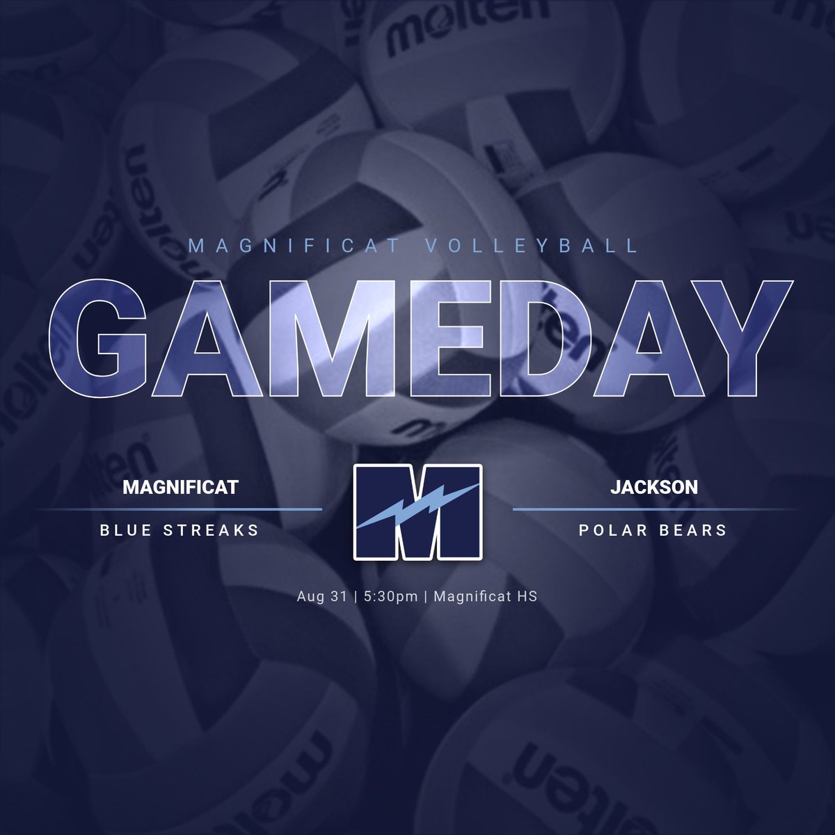 MagnificatVB's tweet photo. ⚡️GAME DAY⚡️

Magnificat VB takes on the Polar Bears from Jackson today! JV starts at 5:30pm with Varsity to follow.  Let’s go Streaks! 💙⚡️🏐

#streaksup
#magsproud https://t.co/xigoeQkuu2