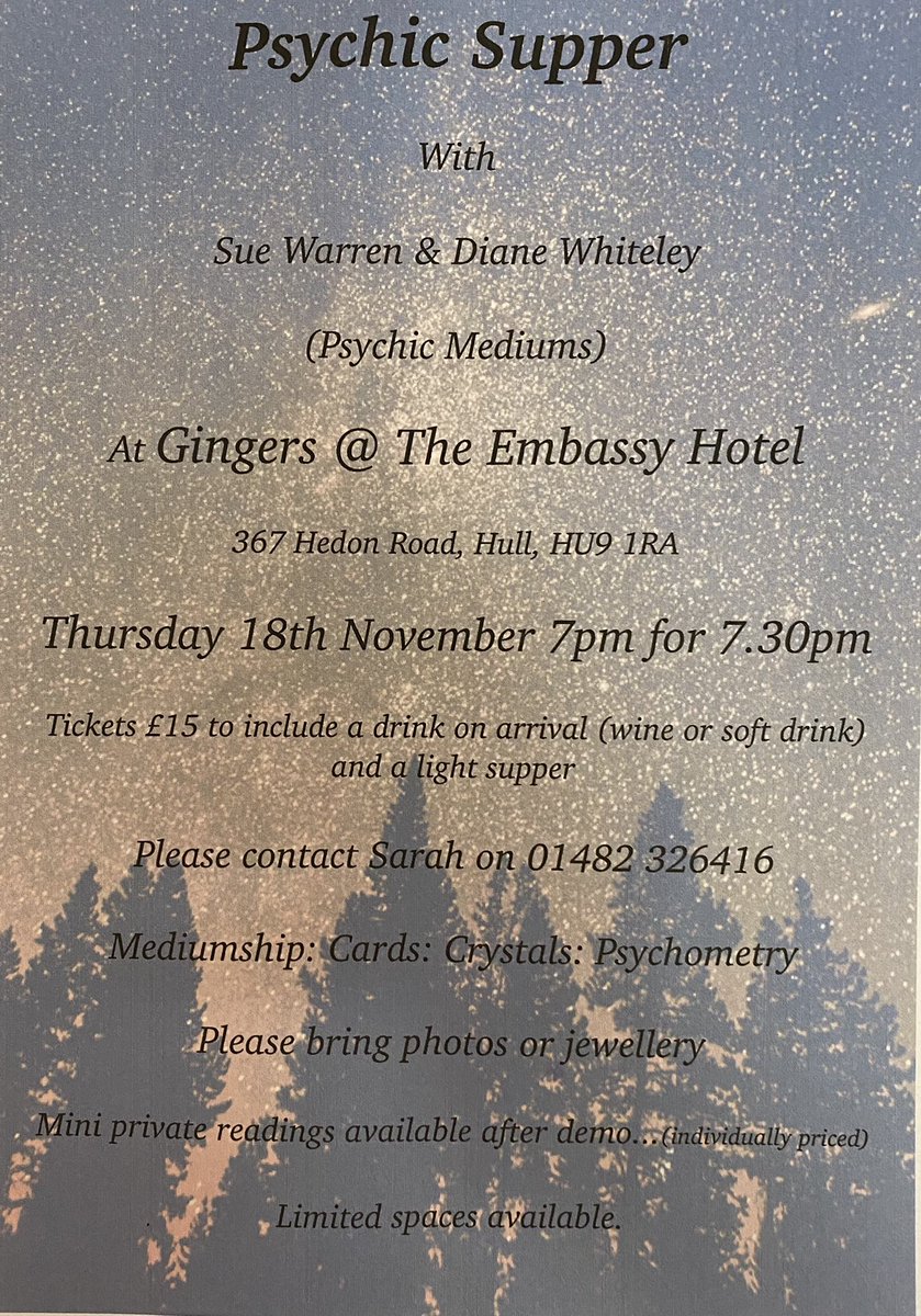 Our “Sell Out’ Psychic Supper has finally being rearranged.
If you had bought tickets with us, thank you!!! and the original tickets will still be valid.
If you reserved some but had not yet paid, please get in touch as soon as possible to guarantee your place. 
#hull #psychic