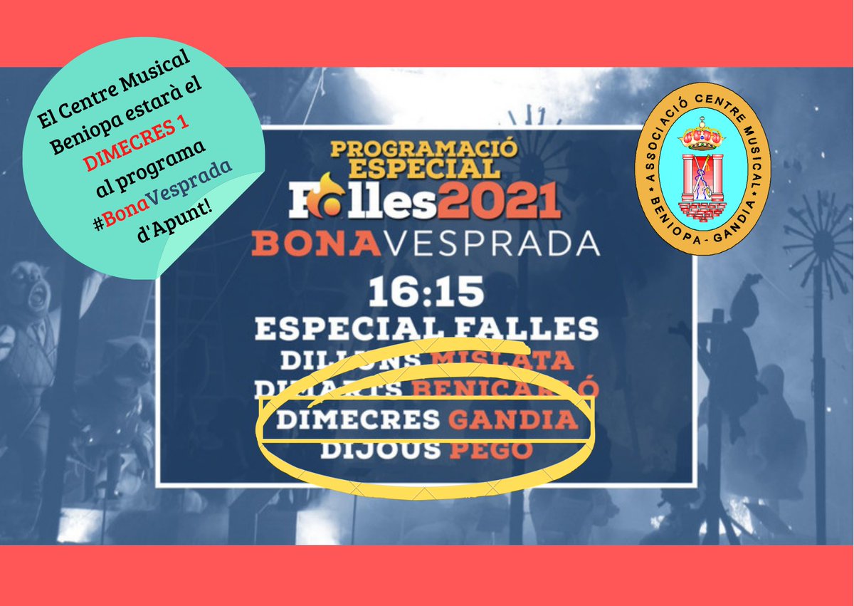 BandaBeniopa's tweet photo. Estarem demà dimecres dia 1 al programa @BonaVespradaAP de la televisió d'@apunt_media 📺
Posarem un poc de música al programa on es podrà veure l'actualitat fallera i parlarem de la relació de la música en les falles🎉
T'ho pedràs? A partir de les 16:15h en la televisió d'ÀPunt! https://t.co/h6Cfx5PUAs