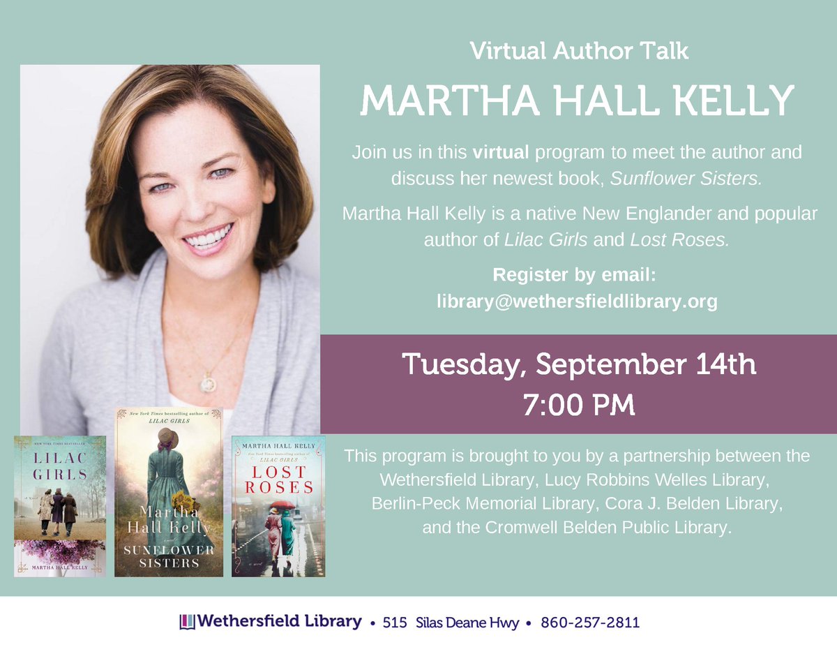 Wethersfield Library (@wethlibrary) on Twitter photo Virtual Author Talk: Martha Hall Kelly
Tuesday, September 14 at 7 pm
Register by email: library@wethersfieldlibrary.org Virtual Author Talk: Martha Hall Kelly
Tuesday, September 14 at 7 pm
Register by email: library@wethersfieldlibrary.org