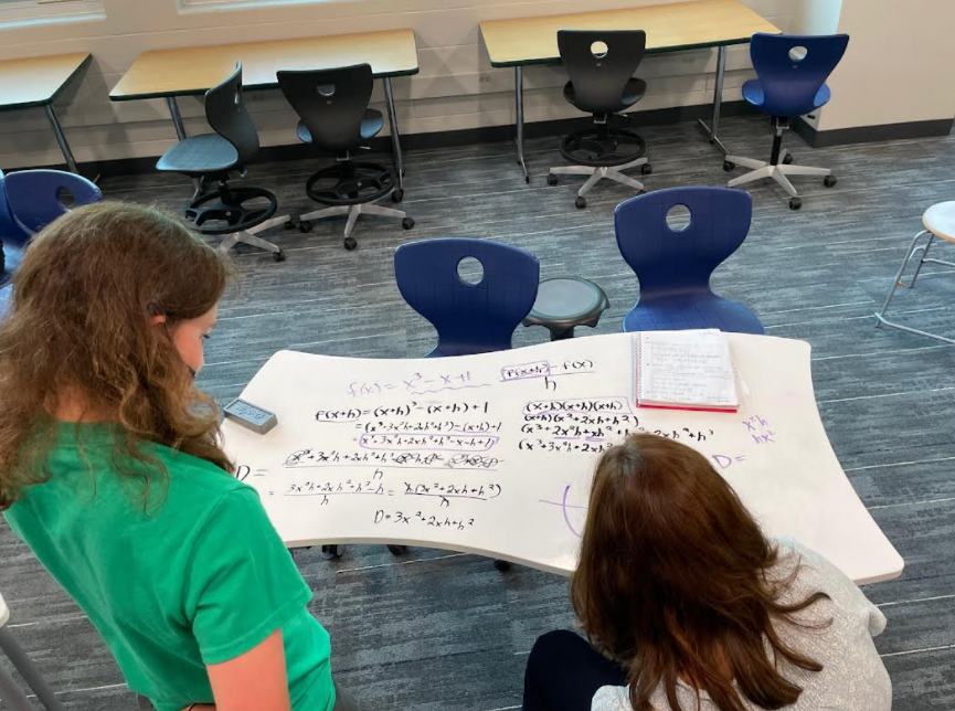 yorkmath's tweet photo. Students visiting the newly renovated Math Lab are taking full advantage of our new white board tables. Some difference quotient work shown here to kick start our day! #YorkMathPLC @ajroub @Yorkactivities https://t.co/mrsmiNhQ7C