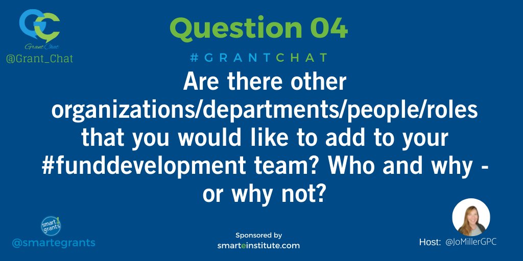 Grant_Chat's tweet image. Q4: Are there other organizations/departments/people/roles that you would like to add to your #funddevelopment team? Who and why - or why not? #GrantChat