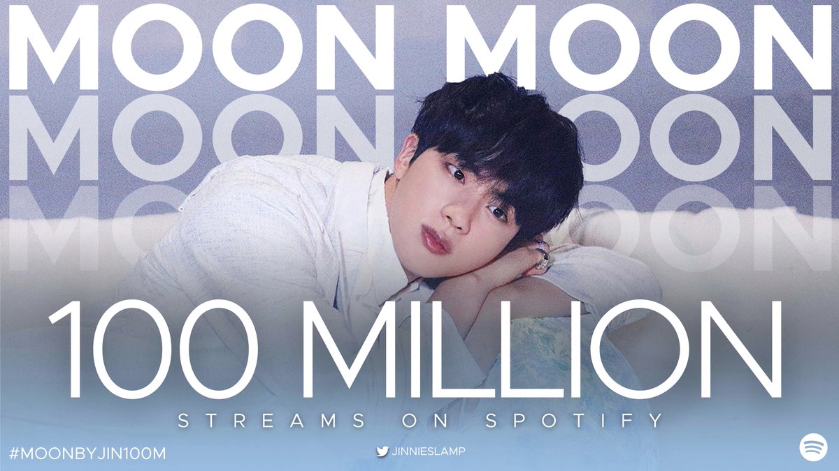 jinnieslamp's tweet photo. "Moon" by #JIN has surpassed 100 million streams on Spotify becoming @BTS_twt’s 77th and Jin’s 2nd song to achieve this milestone! Congratulations Jin 🎉 #MoonByJin100M https://t.co/OTLtN8QPwp