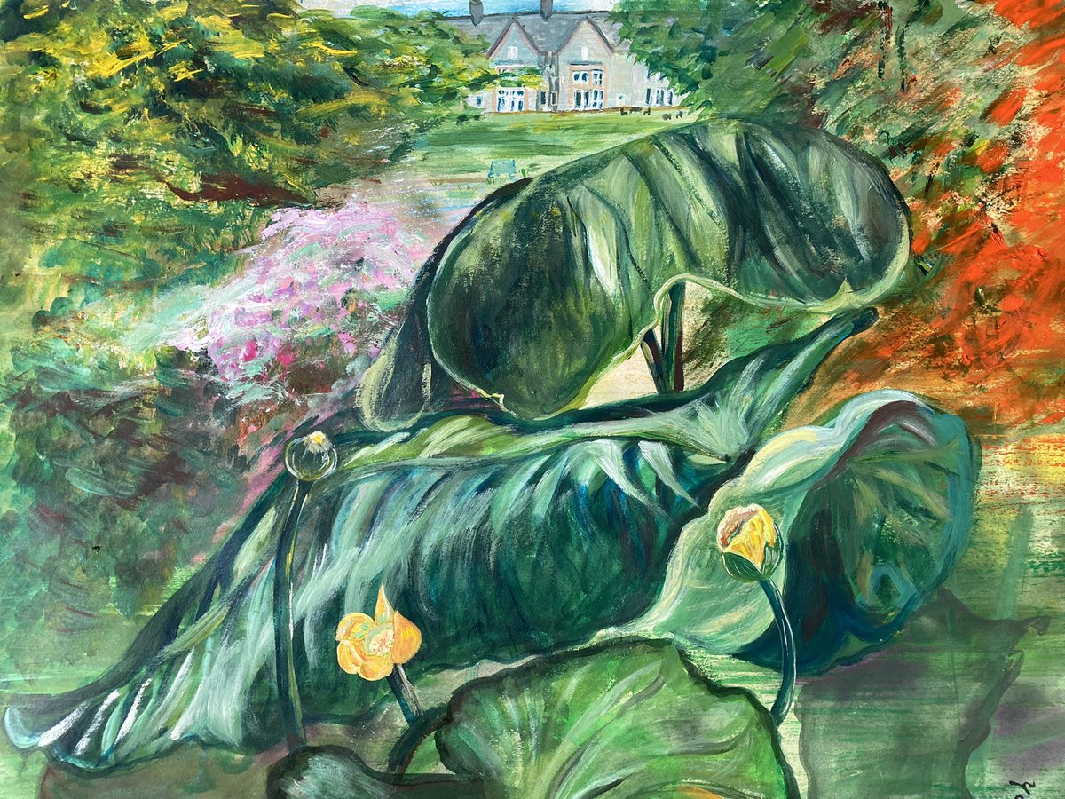 #kenwoodhallhotel-damselflyview of #nupharlutea #spadderdock #acrylicpainting on #paper #ready for #kenwoodframes #artexhibition #netheredgefestival #netheredgeclub #september11-19 & #artauction @kenwoodhall #mercurehotel #october17 #2021 in aid of #chelseapark #netheredge