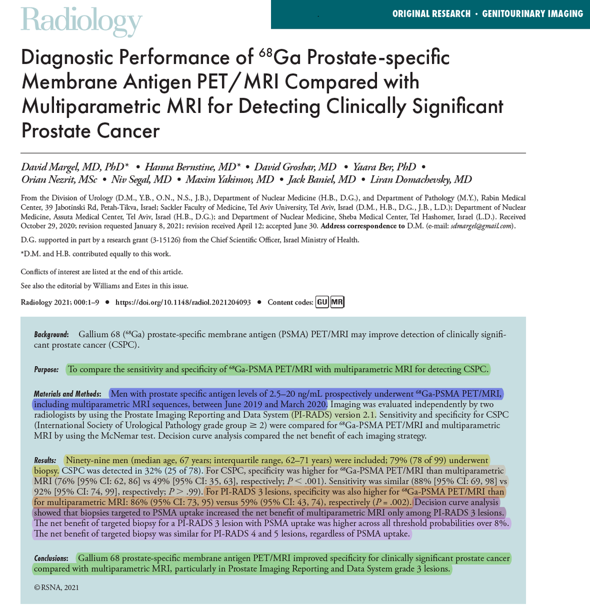 radiolobt's tweet image. Diagnostic Performance of 68Ga PSMA PET/MRI Compared with mpMRI for Detecting Clinically Significant Prostate Cancer pubs.rsna.org/doi/10.1148/ra…
"important study from 🇮🇱 showing benefit of use of PSMA PET in PIRADS 3 lesions at mpMRI" #prostatecancer #molecularimaging #CancerResearch