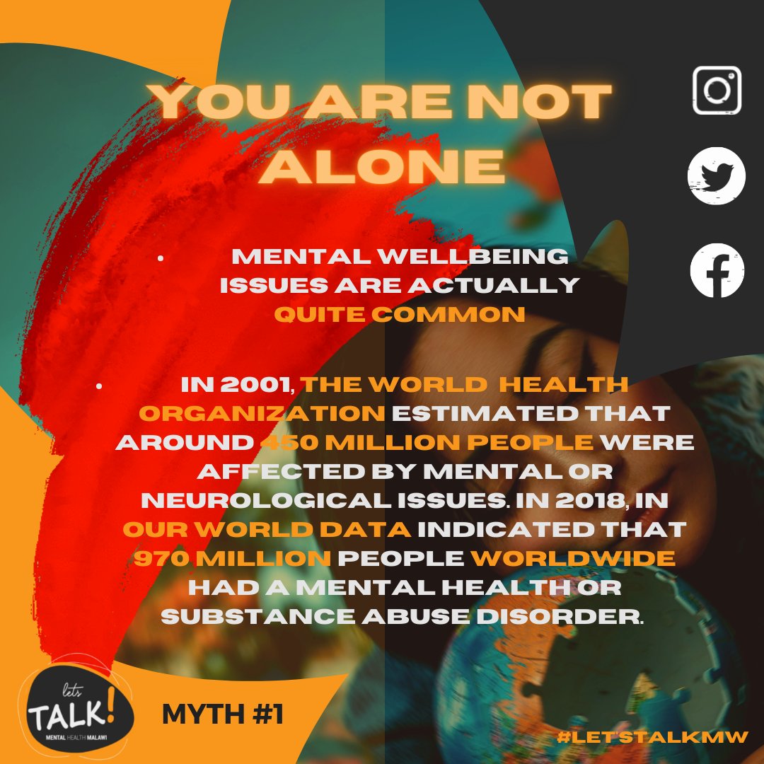 lets_talk_mw's tweet photo. The first myth is that mental health problems are uncommon which is untrue. Mental health issues are experienced by everyday people. We at Let’s talk Mental Health Malawi accept the realities of mental health and work to help each other get necessary help.#mutingthemyths https://t.co/dyZvNFWQEZ