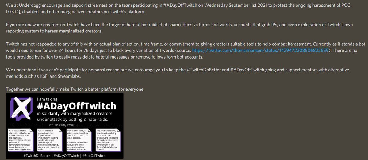 teamunderdogg's tweet photo. We at Team Underdogg support the September 1st Twitch Protest #TwitchDoBetter  #ADayOffTwitch https://t.co/BHhbeRushz