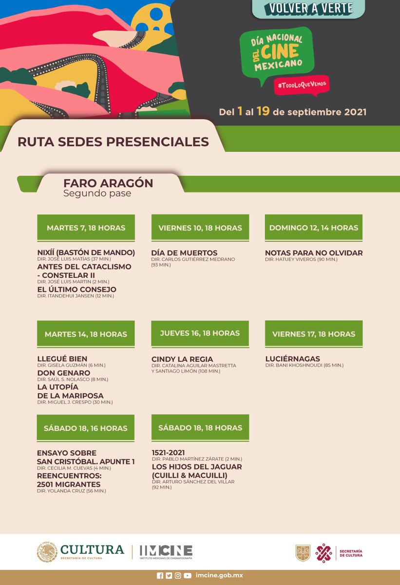 ¡HEY, CINÉFILOS/LAS! 🎥🤩🤓
🎉 ¡Celebremos el Día Nacional del Cine Mexicano 2021! 🎥🇲🇽✨
El <a href="/imcine/">IMCINE</a> presenta #TodoLoQueVemos: La diversidad de los caminos es la diversidad de nuestras historias". 🎞♥️
👇 ¡Checar aquí abajo los horarios!
#FaroAragón #CineEnLaCiudad #DNCM