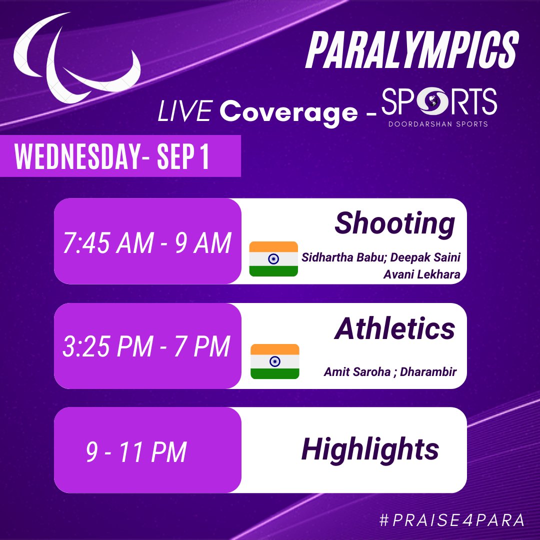 We bring you LIVE action of #Paralympics Schedule👇Wednesday - Sep 1